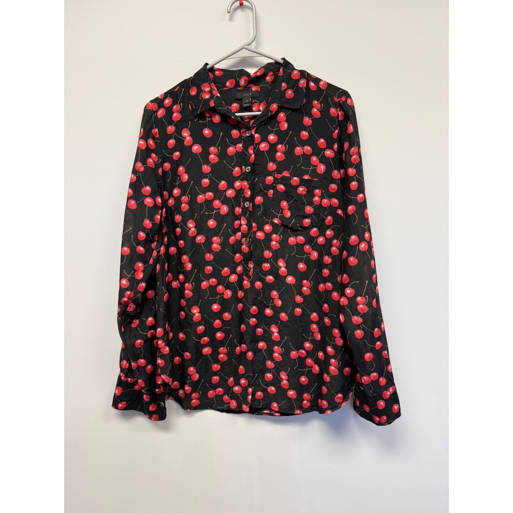 J.Crew Women Black Red Cherry Print Cotton Silk Button Down Shirt 8 F4600